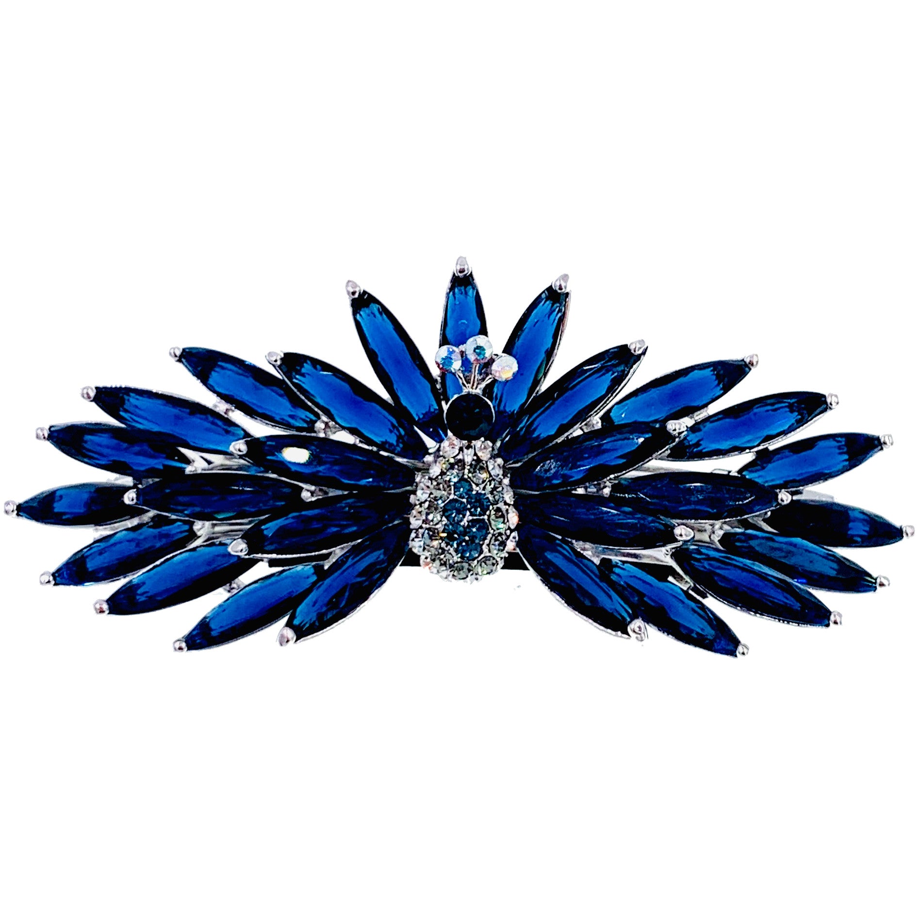 Capucine Peacock Barrette Cubic Zirconia CZ Crystal silver base clear purple navy blue, Barrette - MOGHANT