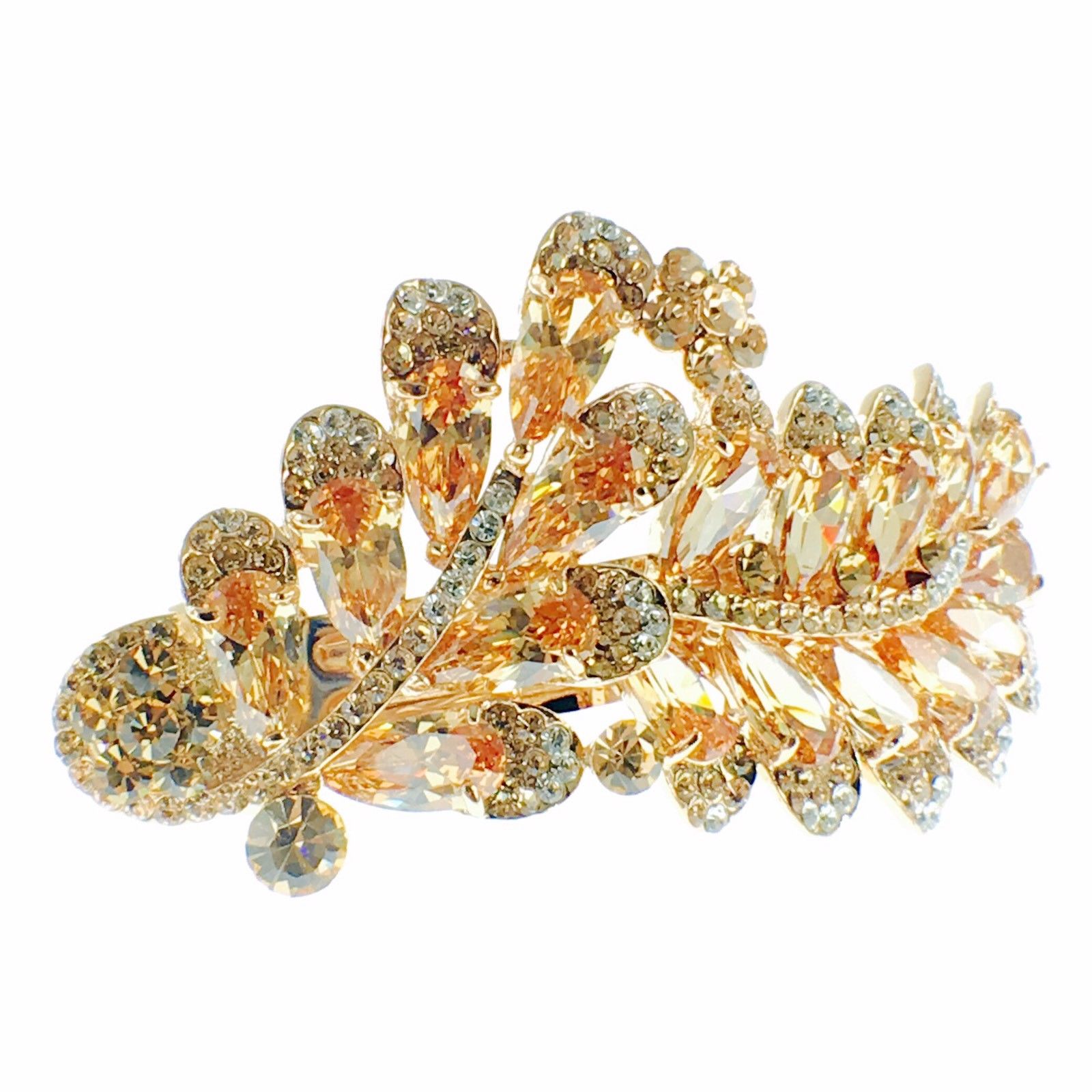 Flourish Leaves Barrette Handmade use Swarovski Crystal gold base Amber Light Brown, Barrette - MOGHANT