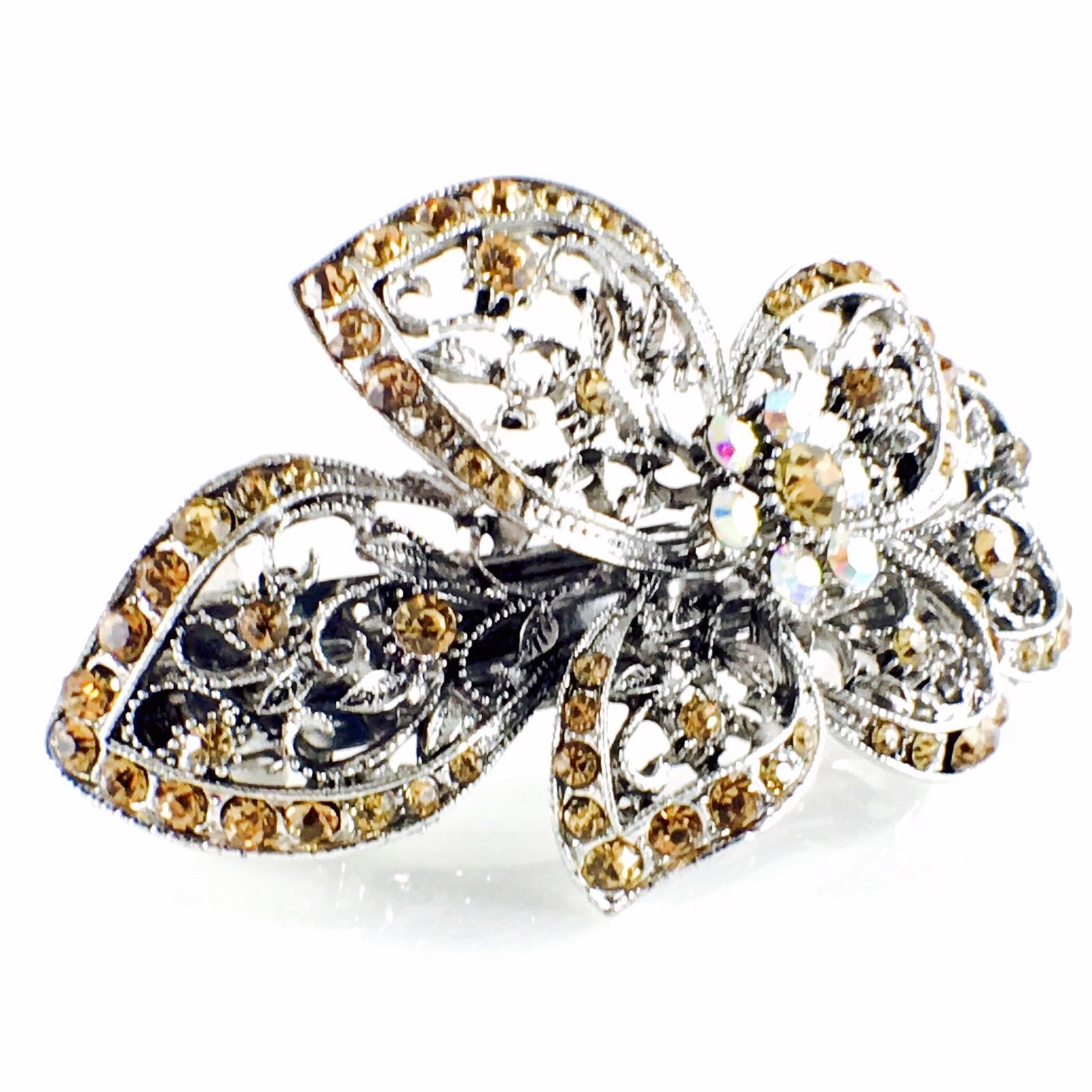 Iris Butterfly Flower Barrette Rhinestone Crystal silver base Brown, Barrette - MOGHANT