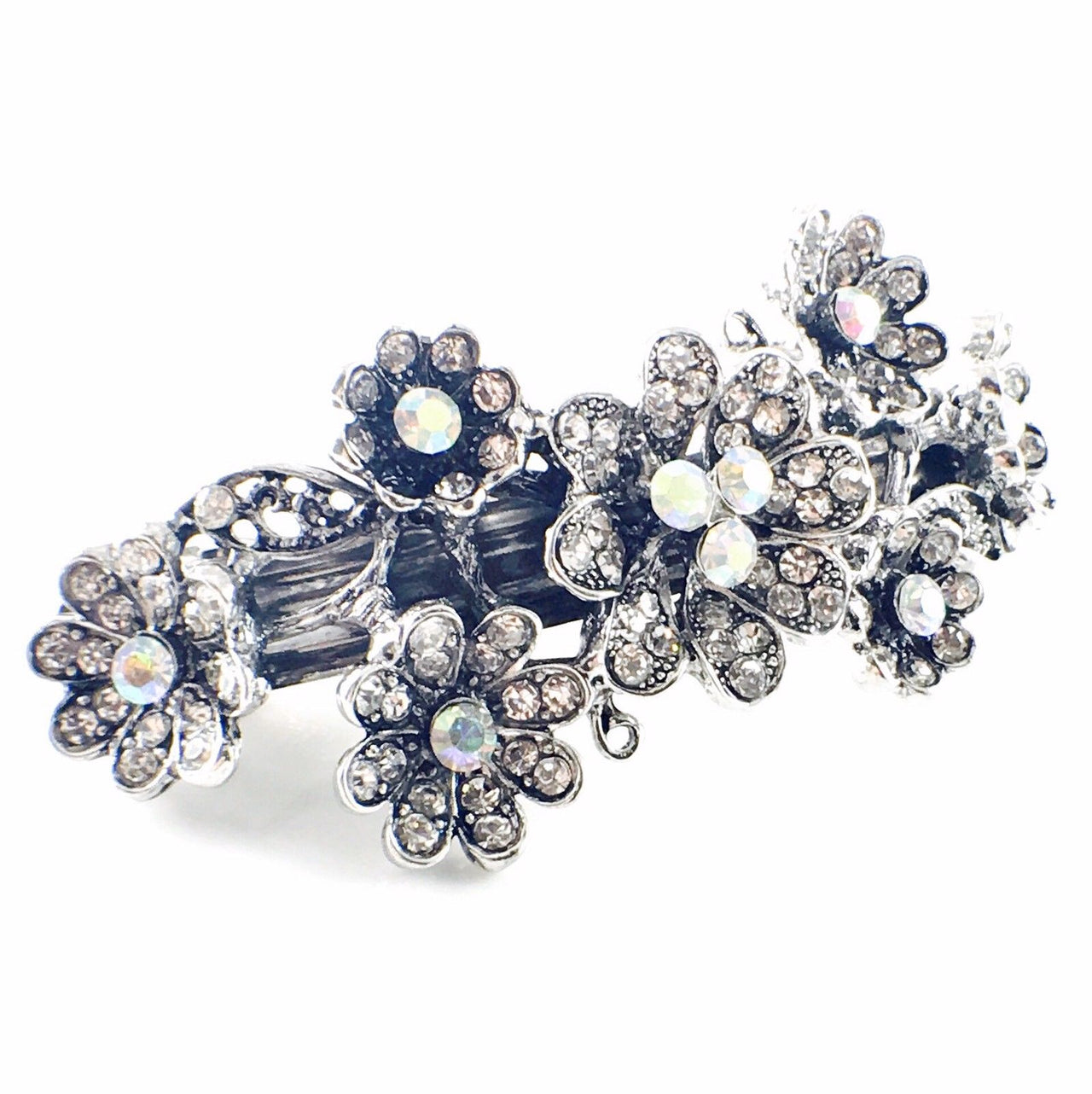 Clematis Flower Cluster Barrette Rhinestone Crystal Vintage silver base Clear, Barrette - MOGHANT