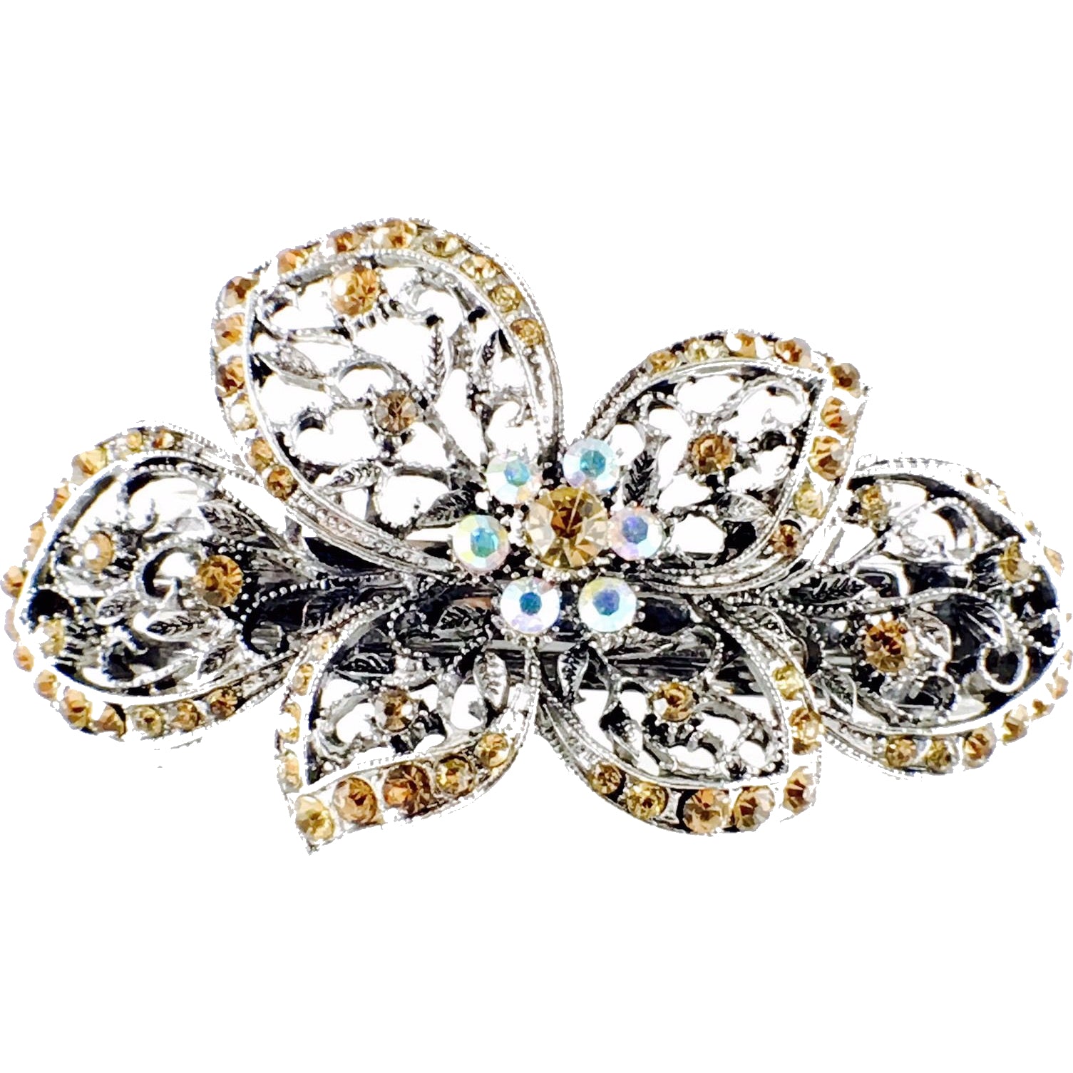 Iris Butterfly Flower Barrette Rhinestone Crystal silver base Brown, Barrette - MOGHANT