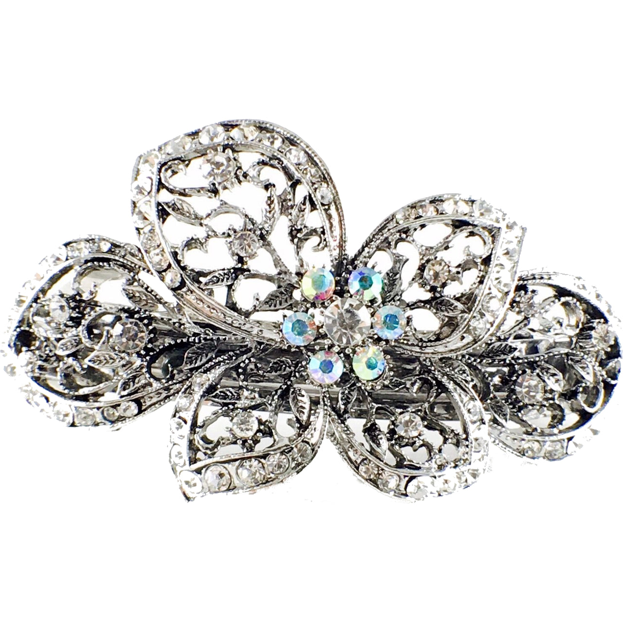 Iris Butterfly Flower Barrette Rhinestone Crystal silver base Clear, Barrette - MOGHANT