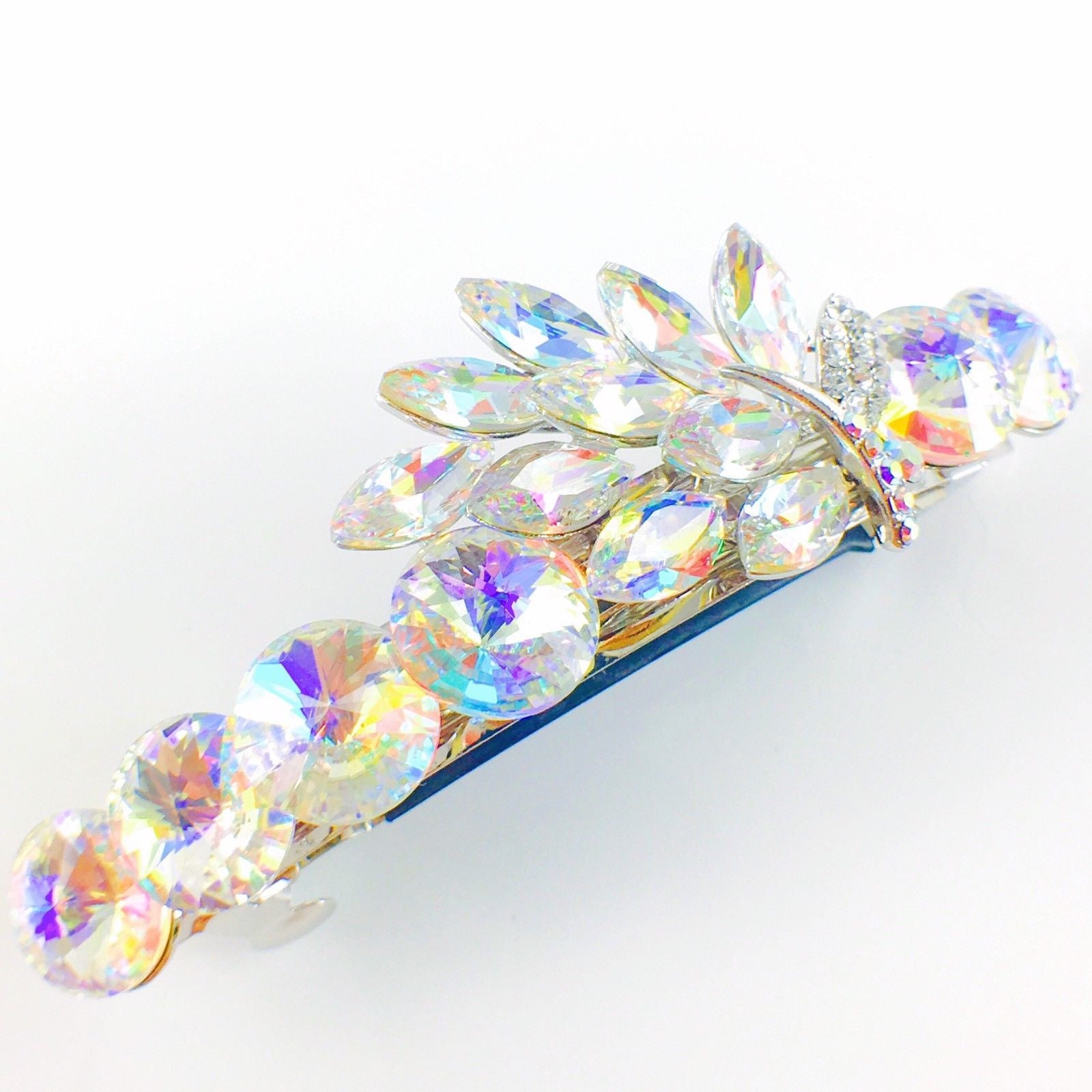 Leaf Barrette Handmade use Swarovski Crystal silver base AB, Barrette - MOGHANT