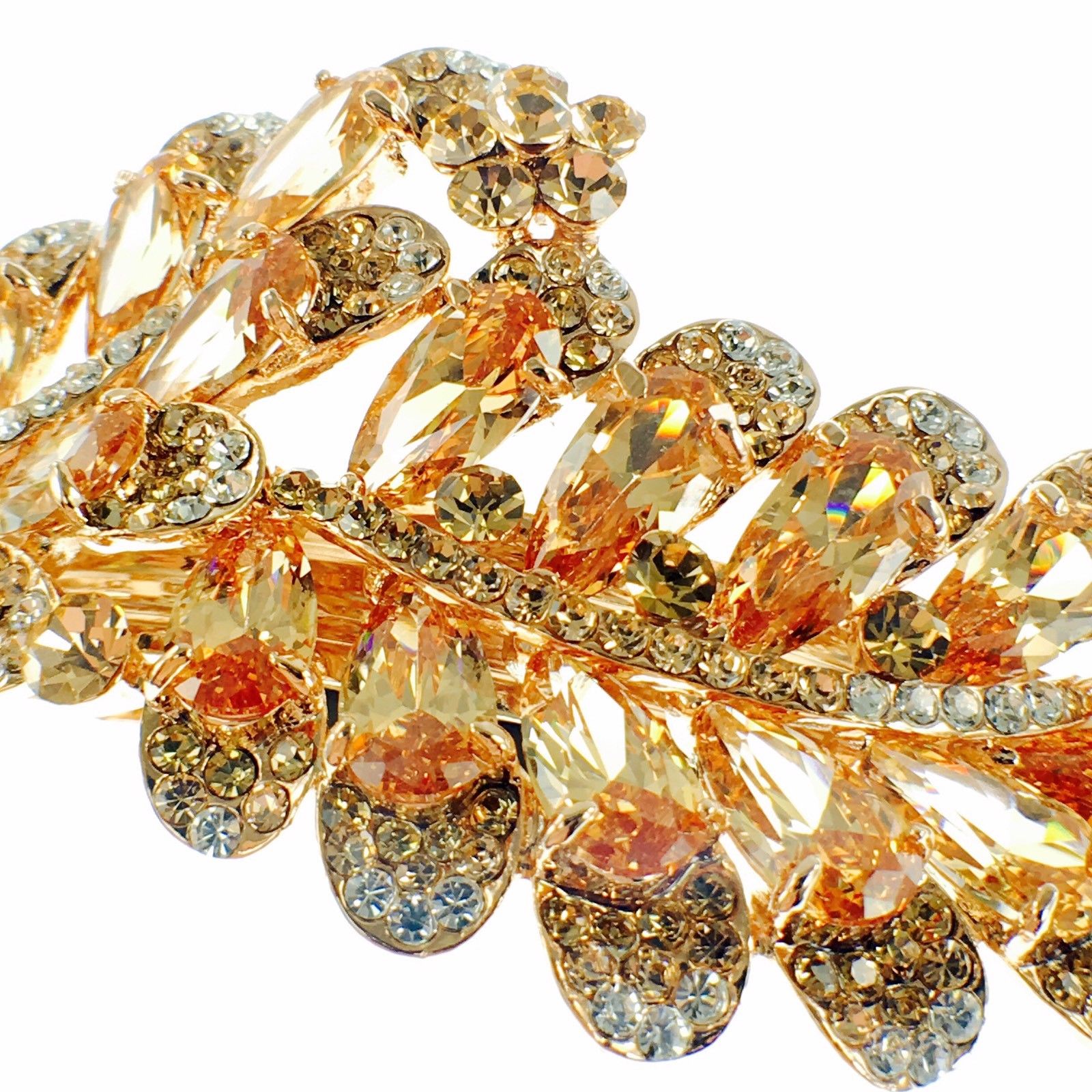 Flourish Leaves Barrette Handmade use Swarovski Crystal gold base Amber Light Brown, Barrette - MOGHANT