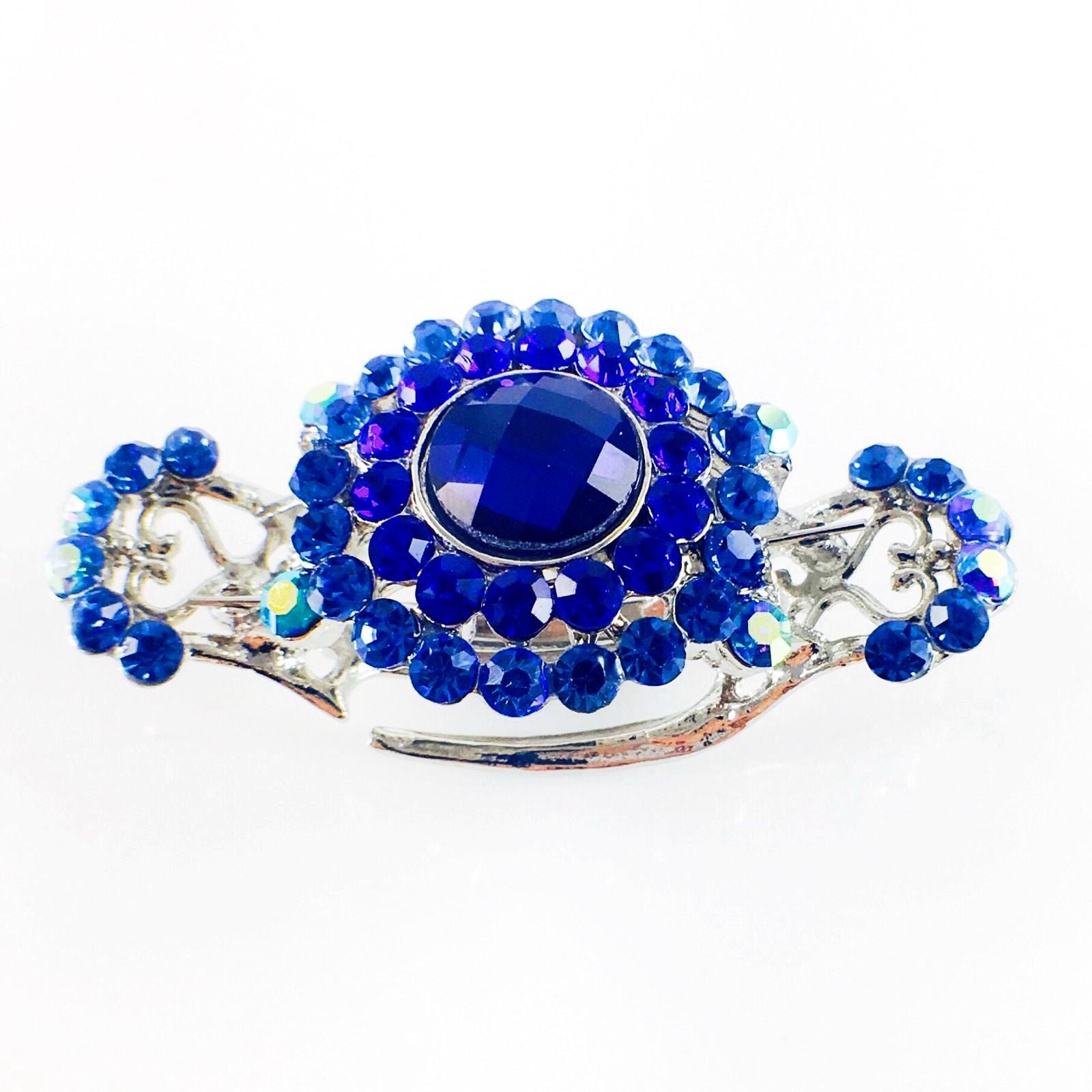 Sunflower Hair Claw Jaw Clip vintage use Rhinestone Crystal silver base Blue, Hair Claw - MOGHANT