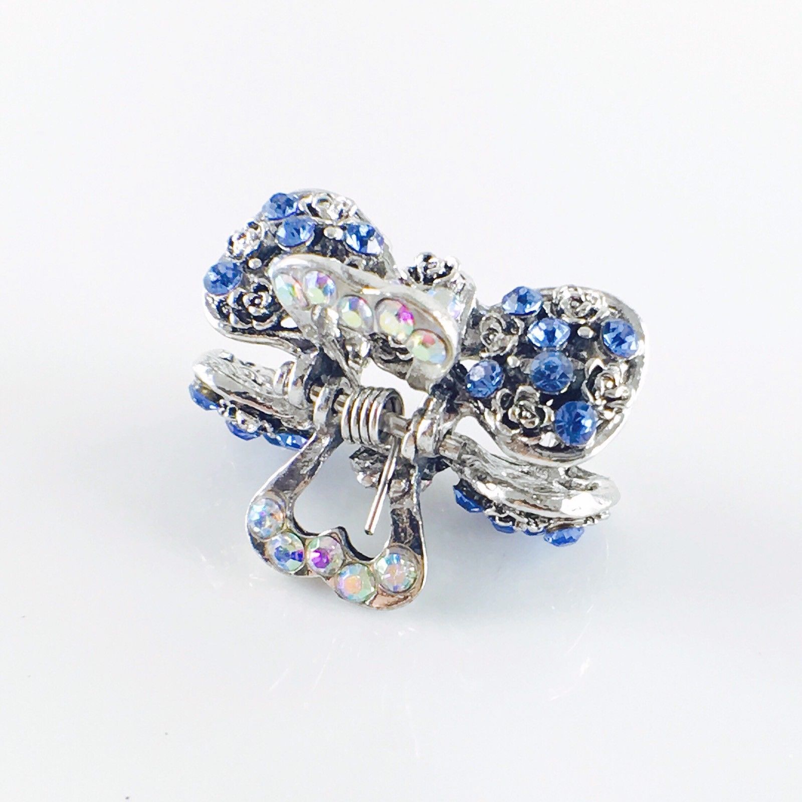 Roses Bow Knot Hair Claw Jaw Clip use Rhinestone Crystal Silver base Blue Sapphire, Hair Claw - MOGHANT