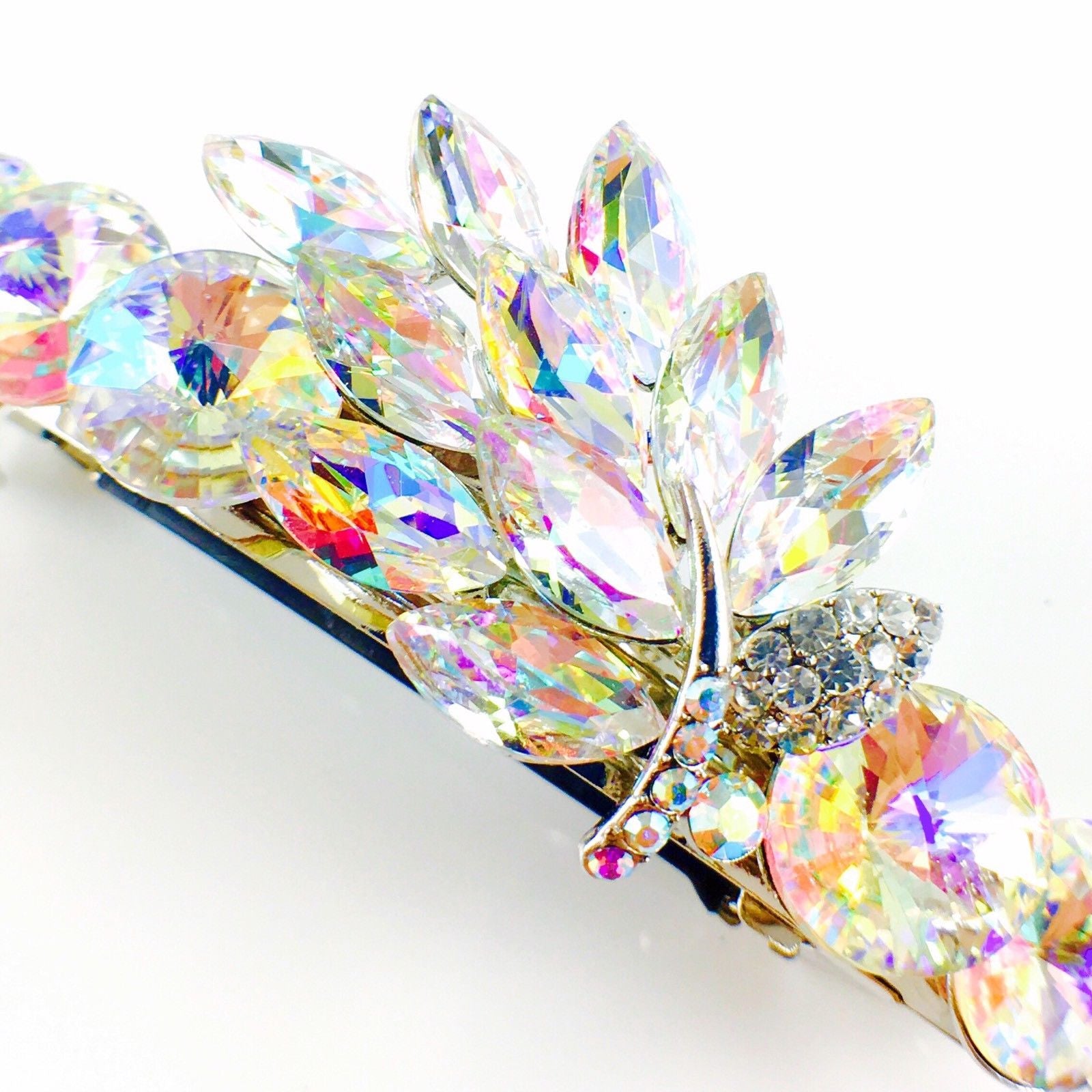 Leaf Barrette Handmade use Swarovski Crystal silver base AB, Barrette - MOGHANT