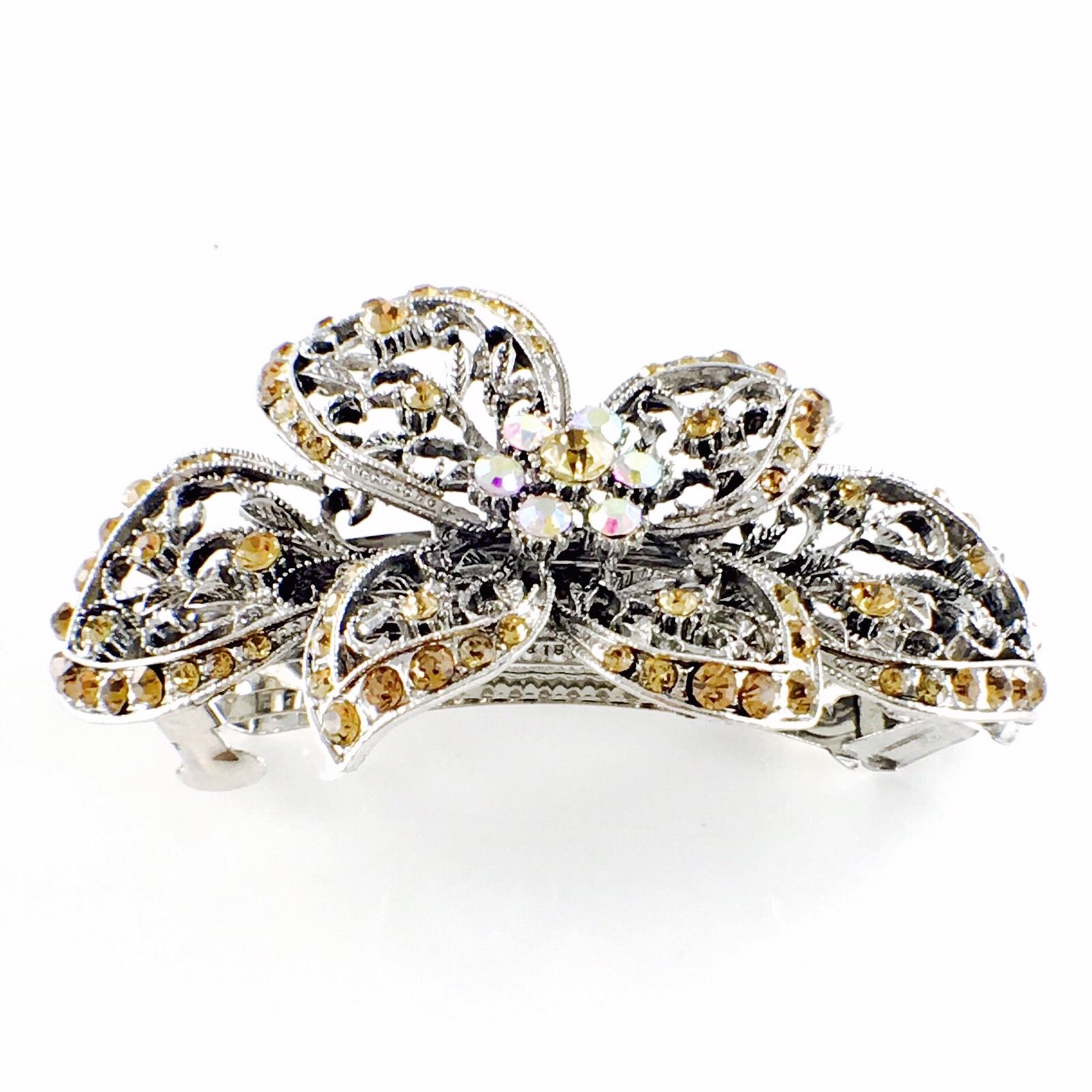 Iris Butterfly Flower Barrette Rhinestone Crystal silver base Brown, Barrette - MOGHANT