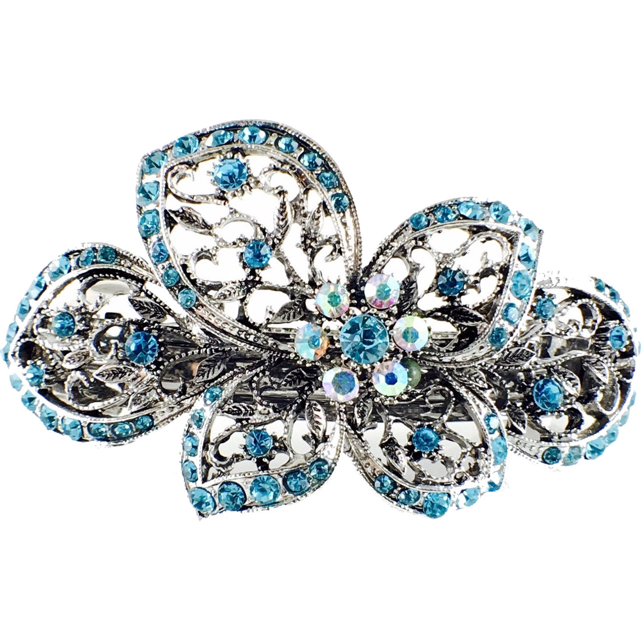 Iris Butterfly Flower Barrette Rhinestone Crystal silver base Blue, Barrette - MOGHANT