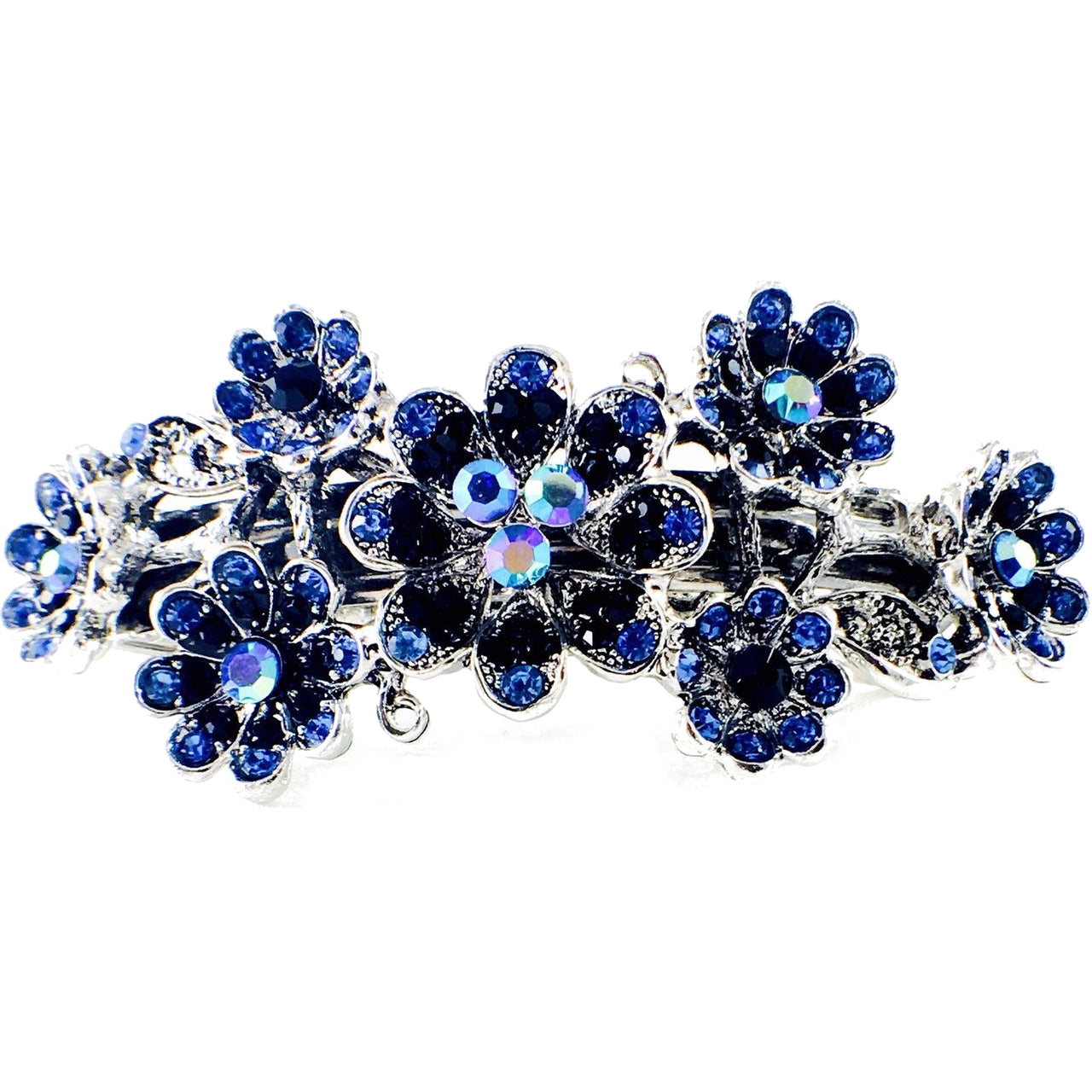 Clematis Flower Cluster Barrette Rhinestone Crystal Vintage silver base Blue, Barrette - MOGHANT